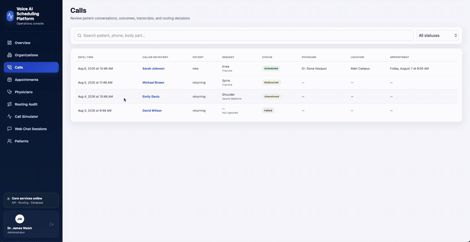 Voice AI medical scheduling platform showing calls, patient routing, and appointment status