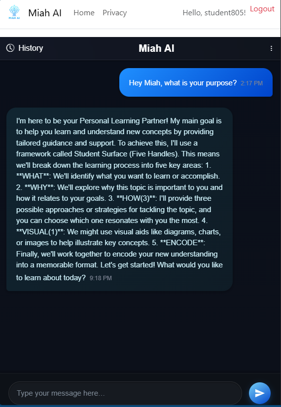 MiahAI Chat Session UI
